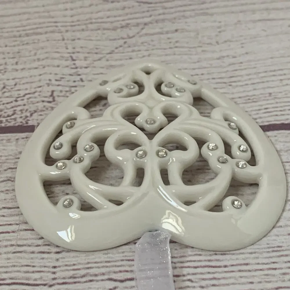 Regent Square Studio Porcelain Filigree Heart Ornament European Crystals Cream